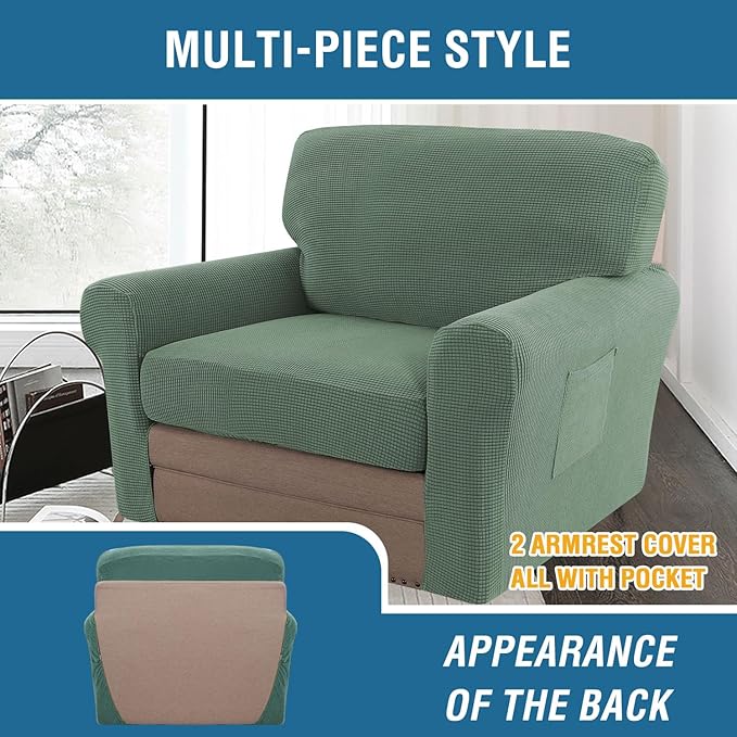 H.VERSAILTEX Multi-Pieces Chair Covers Stretch Couch Covers Form Fitted Seat and Back Cushions Covers (1 Seat Cover Plus 1 Back Cusion Cover, Bonus 2 Armrest Covers), Loden Frost