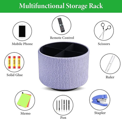 Round Leather Art Supply Organizer,Remote Control Holder,360 Degree Spinning,Multi-Functional Pencil Holder,4 Compartments Desktop Stationary Organizer(1-Wood Blue Purple)