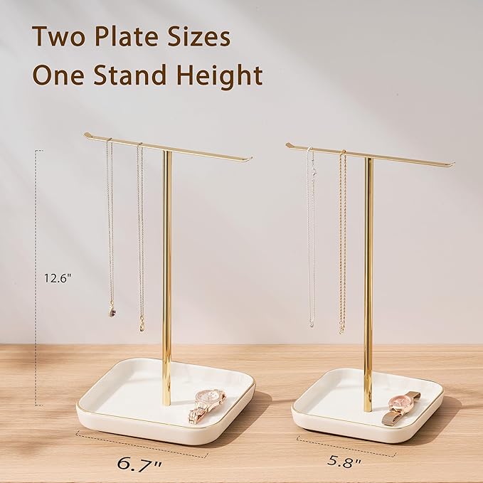 pickpiff Necklace Holder Stand with Ceramic Base: 12" Jewelry Tree Display Organizer for Necklaces, Bracelets, Rings, Earrings, Tall Gold Stand for Women, Aesthetic Room Décor, Gold and White