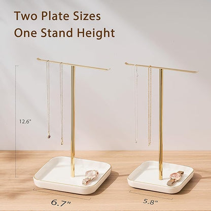 pickpiff Necklace Holder Stand with Ceramic Base: 12" Jewelry Tree Display Organizer for Necklaces, Bracelets, Rings, Earrings, Tall Gold Stand for Women, Aesthetic Room Décor, Gold and White