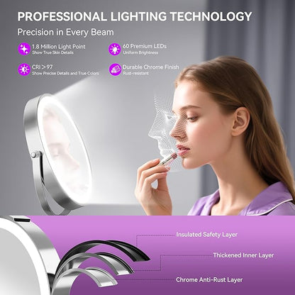 Auxmir 9" Large Lighted Makeup Mirror with Magnification, 1X/30X Double Sided Magnifying Mirror with Adjustable Height, Rechargeable Vanity Mirror with 3 Color Dimmable Lights, 360° Rotation