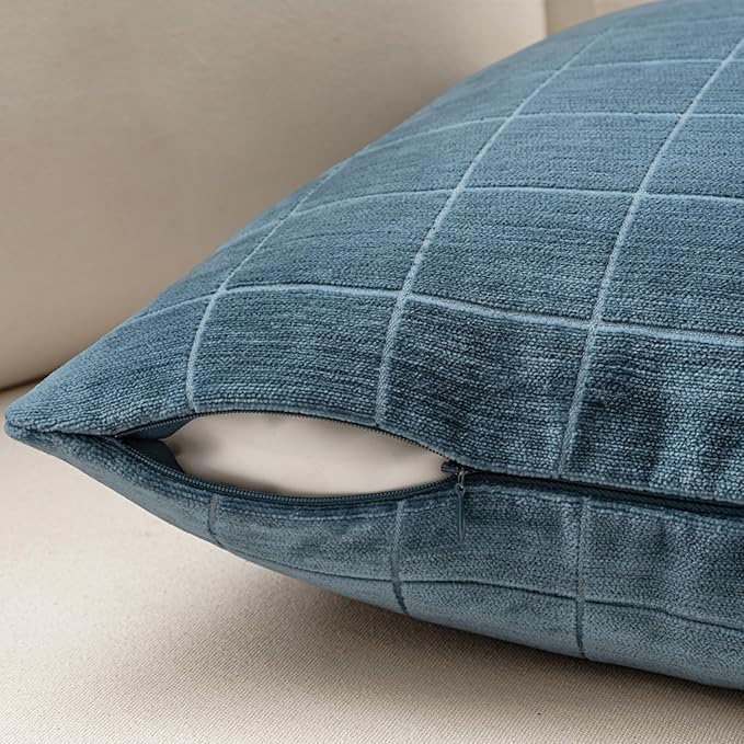 MIULEE Decorative Chenille Check Throw Pillow Covers Vintage Plaid Couch Pillows 18x18 Inch Set of 2 Neutral Boho Farmhouse Cushion Covers Modern Spring Coastal Decor for Sofa Bed Living Room Blue