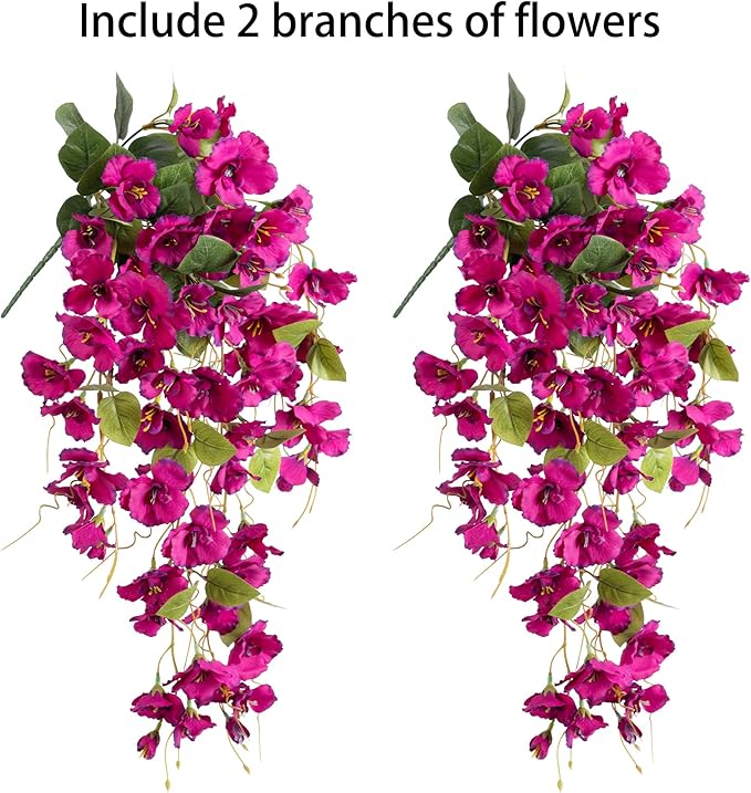 Fake Hibiscus Artificial Hanging Flowers Plants for Outdoors Spring Decoration, 2pcs Silk Hibiscus Vines Realistic UV Resistant Faux Flowers for Outside Planter Porch Patio Yard Wedding Party, Fuchsia