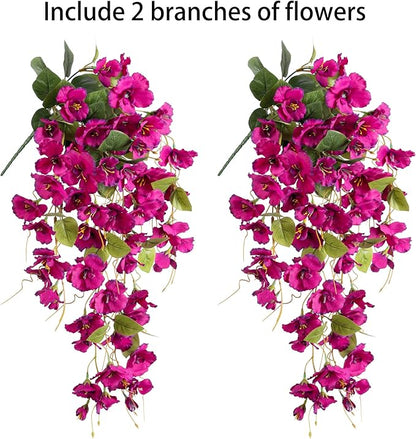 Fake Hibiscus Artificial Hanging Flowers Plants for Outdoors Spring Decoration, 2pcs Silk Hibiscus Vines Realistic UV Resistant Faux Flowers for Outside Planter Porch Patio Yard Wedding Party, Fuchsia