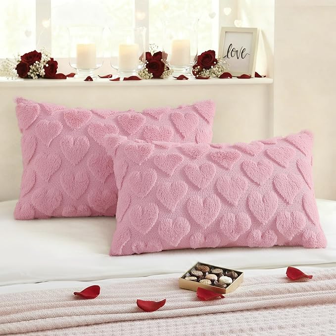decorUhome Valentine’s Day Soft Plush Throw Pillow Covers 12x20 Inch Set of 2, Faux Fur Pink Heart Decoration Neutral Lumbar Pillow Covers for Couch Sofa Bed Cozy Farmhouse Holiday Decor