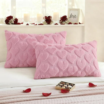 decorUhome Valentine’s Day Soft Plush Throw Pillow Covers 12x20 Inch Set of 2, Faux Fur Pink Heart Decoration Neutral Lumbar Pillow Covers for Couch Sofa Bed Cozy Farmhouse Holiday Decor