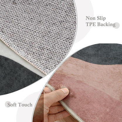 5ft Abstract Round Rug,Chic Washable Non-Slip Sun and Mountain Area Circle Rug,Soft Low-Pile Circle Throw Rugs for Living Room Sofa Kids Room Decor(Grey)