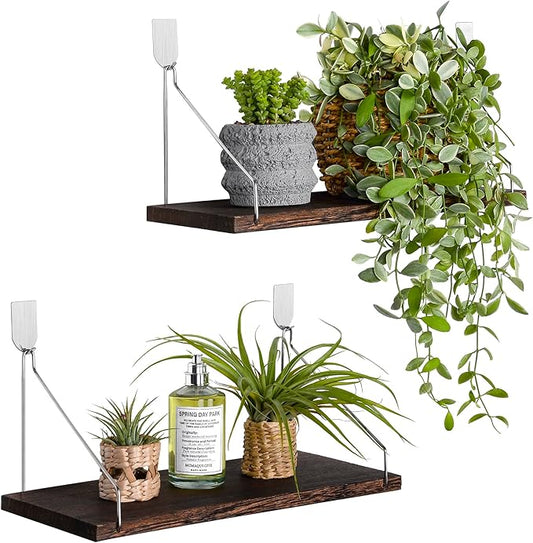 MITIME Floating Shelves Set of 2 Rustic Solid Wood Floating Shelf Wall Storage Shelves for Living Room, Bedroom, Bathroom, Kitchen Laundry, Office,no Drill Shelf(Retro Color M+M)