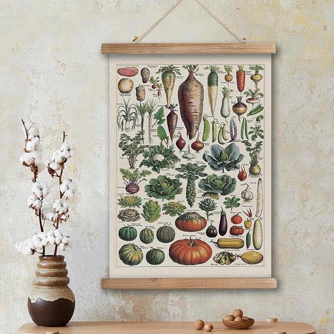 XIAOAIKA Vintage Vegetable Varieties Poster - Illustrated Garden Produce Chart with Wooden Frame - Educational Kitchen Wall Decor Art for Home Chefs and Gardeners 12 x 16 inches