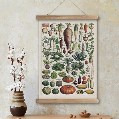 XIAOAIKA Vintage Vegetable Varieties Poster - Illustrated Garden Produce Chart with Wooden Frame - Educational Kitchen Wall Decor Art for Home Chefs and Gardeners 12 x 16 inches