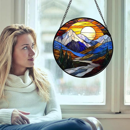 Stained Glass Window Hanging, Yellow Blue Sunset Mountains Scenery Sun Catcher for Window Home Decor Landscape Suncatcher Mother's Day Birthday Gifts for Women Men Mom and Nana 15 in