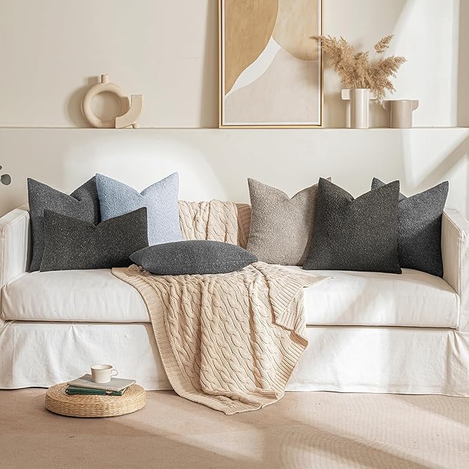 MIULEE 18x18 Inch Decorative Pillow Covers for Couch Bed Set of 2 Textured Boucle Neutral Winter Throw Pillows Dark Gray Accent Solid Cushion Pillowcases Sofa Livingroom Home Decor