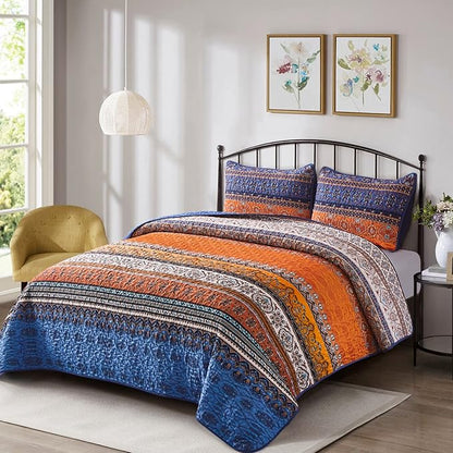WONGS BEDDING Boho Fall Queen Quilt Set, Blue and Orange Bohemian Queen Quilt Bedding Set, Lightweight Microfiber Bed Decor Bedspread for All Season 96"x90"(3 Pieces)