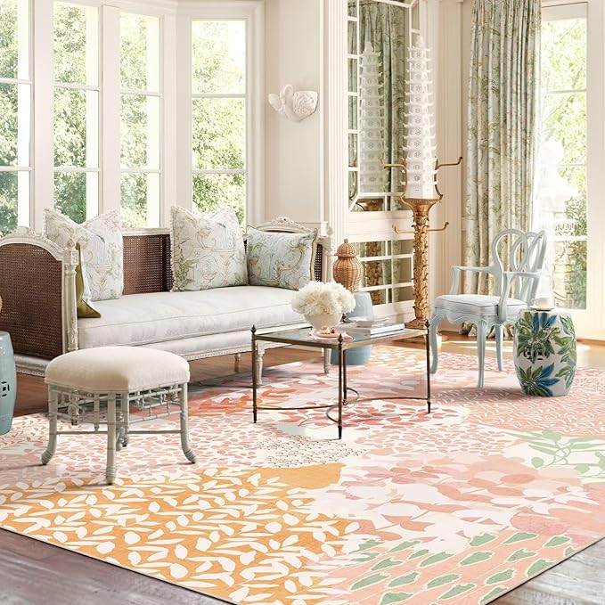 DEXDE 5x7 Area Rugs, Washable Non-Slip Abstract Boho Soft Rug for Living Room Bedroom,Leaves Floral Print Large Carpet for Entryway Playroom Office, Pink
