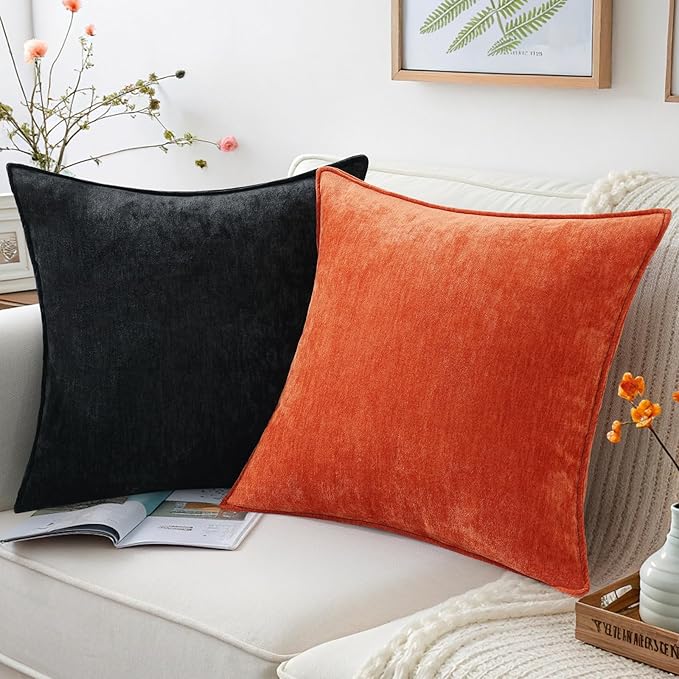 decorUhome Spring Couch Euro Sham Throw Pillow Covers 26x26 Set of 2, Decorative Soft Velvet Neutral Chenille Pillow Covers with Elegant Design for Sofa Bed Living Room Home Decor, Black