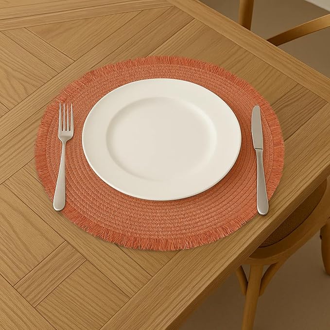 15 Inch Set of 6 Round Woven Placemats Braided Paper Heat Resistant Table Mats with Tassel Boho Indoor Outdoor Table Placemats for Dining Tables Tangerine Red