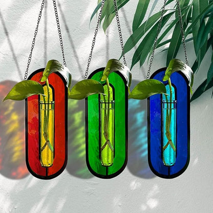 LITMIND Transparent Orange Stained Glass Propagation Station - Handcrafted Suncatcher Hanging Planter with 2 Glass Tubes, Multi-Color Hydroponic Wall Décor for Windows, Home & Garden
