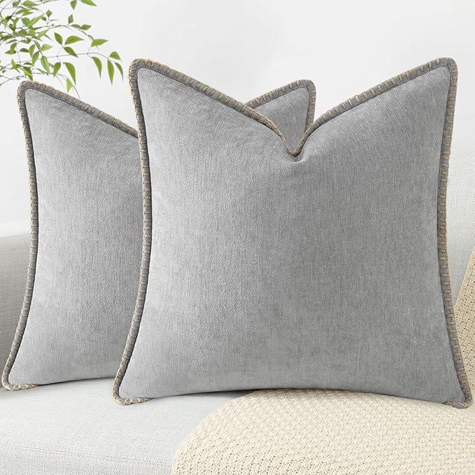 decorUhome Spring Chenille Soft Throw Pillow Covers 24x24 Set of 2, Farmhouse Velvet Neutral Decorative Euro Sham Pillow Covers with Stitched Edge for Couch Sofa Bed Home Decor, Neutral Gray