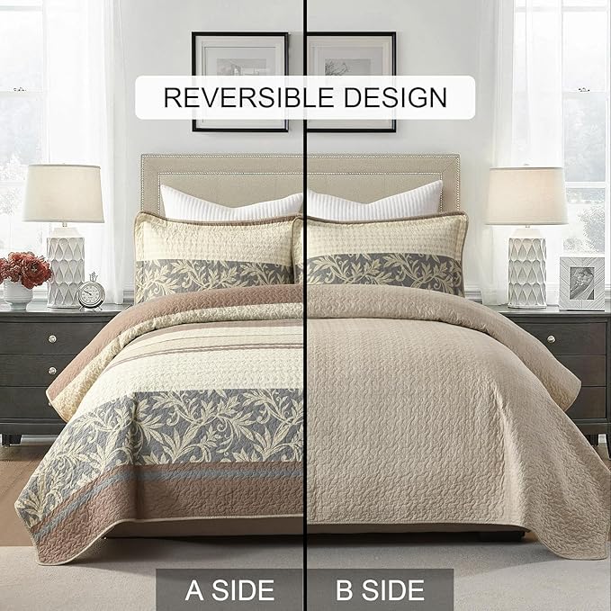 PERHOM Queen Size Quilt Set, 3 Pieces Queen 100% Cotton Quilted Bedding with 2 Pillow Shams, Farmhouse Stiped Botanical Pattern, Lightweight Reversible Coverlet Bedspread, Brown/Beige/Gray