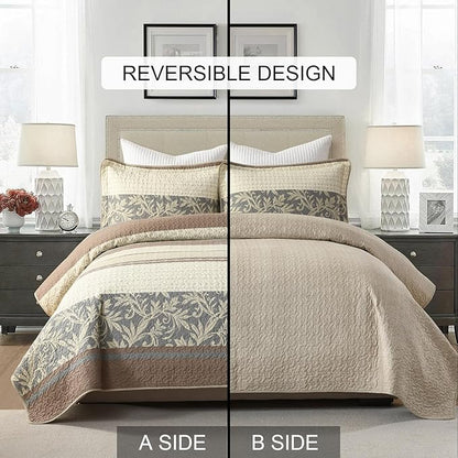 PERHOM King Size Quilt Set, 3 Pieces 100% Cotton King Quilted Bedding with 2 Pillow Shams, Farmhouse Stiped Botanical Pattern, Lightweight Reversible Coverlet Bedspread, Brown/Beige/Gray