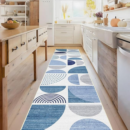 MUJOO Runner Rug Washable,Blue 2x8 Area Rugs for Hallways Kitchen Bedroom Entryway Bathroom,Non Slip Carpet Long Mat Indoor,Boho Soft Modern Abstract Navy Blue
