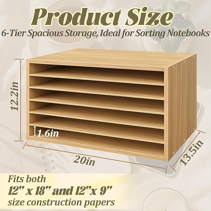 PROLEE Construction Paper Organizer 20" x 13.5" x12.2",Soild Wooden Paper Organizer with 6-Tier Letter Trays, Desktop File Papers Sorter for Home, Classroom and Office (Oak)