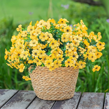 Yellow Fall Artificial Flowers for Outdoors Decorations, 12 Bundles Faux Fall Mums Flowers, UV Resistant Realistic Silk Daisy with Eucalyptus for Home Decor Garden Planters Patio Yard Balcony