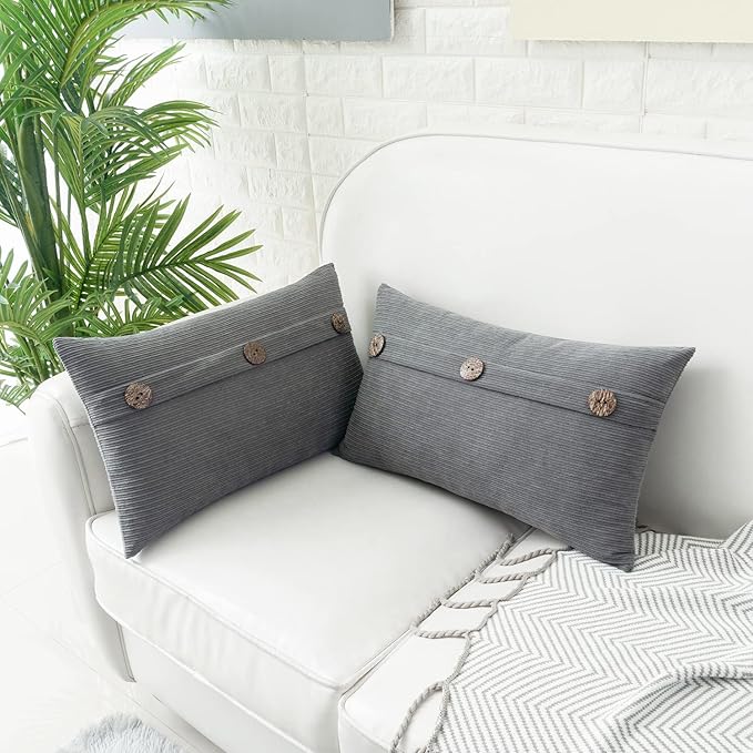 HWY 50 Gray Grey Chenille Throw Pillow Covers 12x20 Inch with Triple Buttons, Soft Farmhouse Accent Decorative Cushion Cases for Couch Sofa Bed Living Room Pack of 2 Rectangle