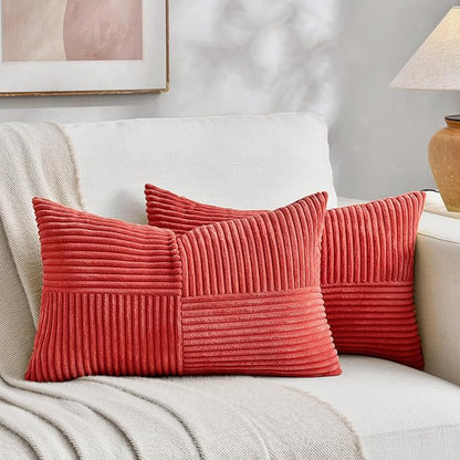 Fancy Homi 2 Packs Red Lumbar Decorative Throw Pillow Covers 14x24 Inch for Couch Bed Sofa, Holiday Christmas Home Decor Gift, Soft Striped Corduroy Rectangle Accent Cushion Case 35x60 cm
