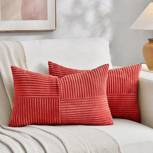 Fancy Homi 2 Packs Red Lumbar Decorative Throw Pillow Covers 14x24 Inch for Couch Bed Sofa, Holiday Christmas Home Decor Gift, Soft Striped Corduroy Rectangle Accent Cushion Case 35x60 cm