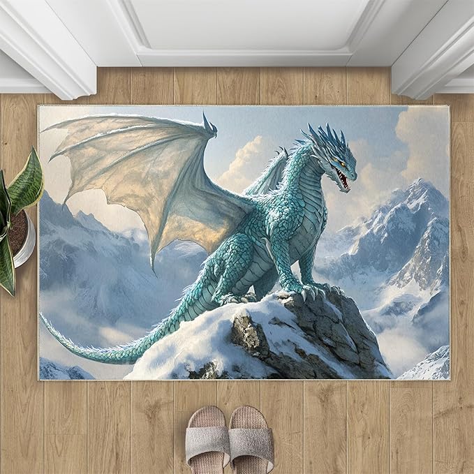 Dragon Area Rug 2x3 Washable Rug Fantasy Animals Rugs for Living Room Winter Landscape Non Slip Carpet Floral Print Mat Bedroom Bathroom
