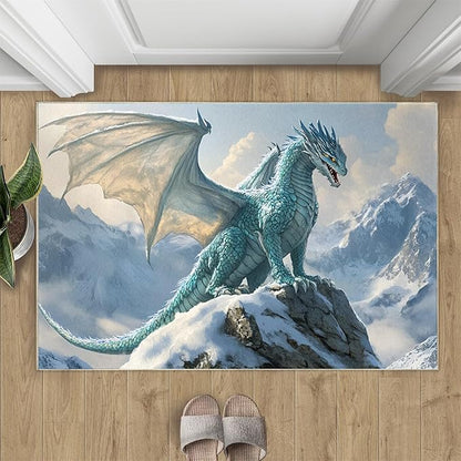 Dragon Area Rug 2x3 Washable Rug Fantasy Animals Rugs for Living Room Winter Landscape Non Slip Carpet Floral Print Mat Bedroom Bathroom