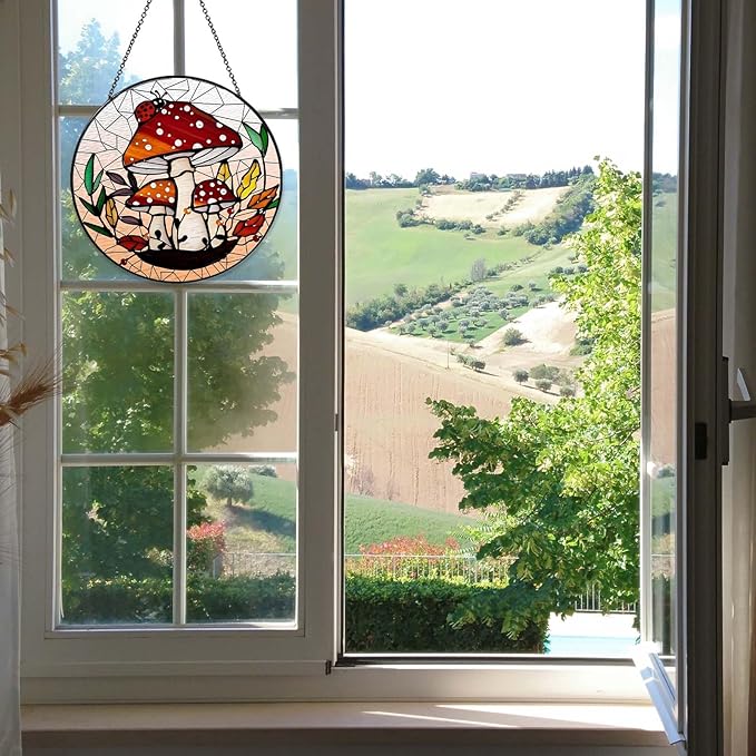 Mushroom Forest Sun Catcher Stained Glass Window Hanging Mushroom Lover Gifts for Women Wall Decor Handmade Sun Catcher Decoration for Home Graden Housewarming Gifts