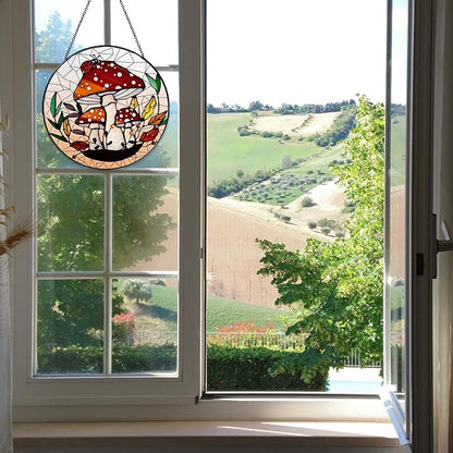 Mushroom Forest Sun Catcher Stained Glass Window Hanging Mushroom Lover Gifts for Women Wall Decor Handmade Sun Catcher Decoration for Home Graden Housewarming Gifts