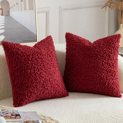 Yaertun Pack of 2 Faux Fur Throw Pillow Covers Decorative Sherpa Boucle Pillow Covers Fuzzy Soft Pillowcases Sheepskin Fleece Cushion Case for Couch Sofa Bed Living Room 16x16 Inch Burgundy
