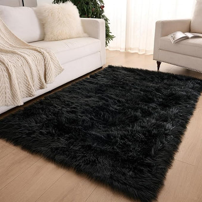 Fluffy Faux Fur Rug Black Sheepskin Area Rug,2x4 Ft Ultra Soft Shaggy Plush Rug for Bedroom Bedside Living Room Nursery Kids Room
