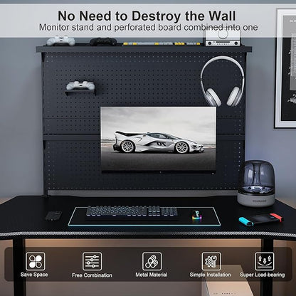 KEIKI Clamp-On Desk Pegboard with Single Monitor Stand, 43" x 35" Steel Peg Board Office Organizer with Hooks, Movable Panel & Shelf for Office Supplies, Gaming Setup & Desk Organization, Black