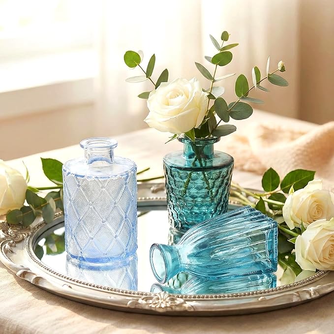 Set of 15 Blue Colored Glass Bud Vases - Small Textured Flower Vases for Centerpieces, Wedding Table Decor, Retro Home Decor Bulk Vase Set for DIY, Events & Gifts