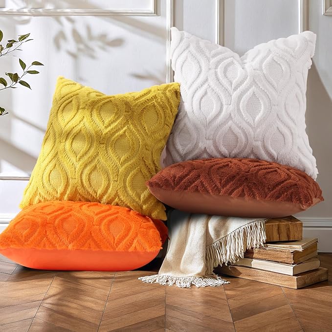 decorUhome Spring Throw Pillow Covers 20x20 Inch Set of 2, Soft Plush Faux Wool Mustard Yellow Solid Couch Pillow Covers, Accent Farmhouse Neutral Square Pillow Cases for Sofa Bed Living Room