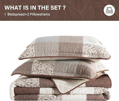 SahSahCasa 100% Cotton 120"x102" Oversized Queen Bedspread Coverlet Quilt Set, Plaid Paisley Floral Extra Large Reversible XL Bed Spread Lightweight Comforter, Brown/Beige/Gray
