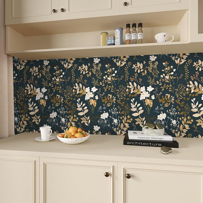 Navy Floral Wallpaper Peel and Stick Boho Wallpaper Vintage Blue/Gold Leaf Contact Paper Waterproof Self Adhesive Modern Wall Paper for Cabinet Walls Kitchen 17.5in x118in