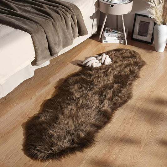 Ashler Faux Fur Rug, Fluffy Shaggy Area Rug Ultra Soft 2 x 6 Feet Sheepskin Fur Rug, Dark Coffee Fuzzy Rug Machine Washable Shag Rug, Nursery Decor Throw Rugs for Bedroom, Kids Room, Living Room