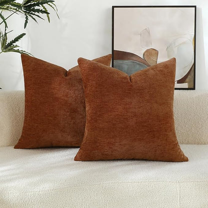 Terracotta Chenille Decorative Couch Throw Pillow Covers, Soft Cushion Cases for Home Livingroom Sofa Décor, Pack of 2, 20 x 20 Inches