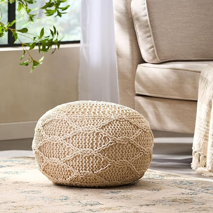 Knitted Cotton Round Pouf - 20x20, Modern Design, Soft Cotton, No Assembly, Porch Ottoman for Living Room, Gray, Ivory (Pouf - Ivory)