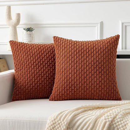 Kevin Textile Fall Throw Pillow Covers Soft Corduroy Decorative Set of 2 Boho Striped Pillow Covers Pillowcases Farmhouse Home Decor for Couch Bed Sofa Living Room 24x24 Inch Rust Brown
