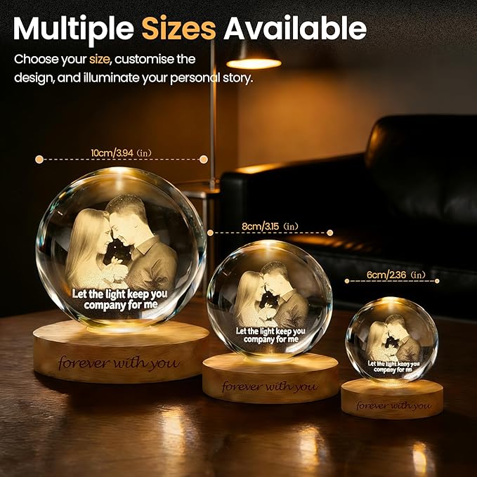 Personalized 3D Photo Crystal Ball Night Light – Custom Engraved Picture Lamp with Wood Base for Couples, Family & Pets – Ideal for Anniversary or Birthday