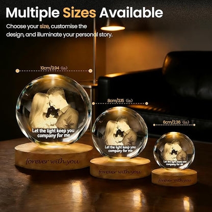 Personalized 3D Photo Crystal Ball Night Light – Custom Engraved Picture Lamp with Wood Base for Couples, Family & Pets – Ideal for Anniversary or Birthday