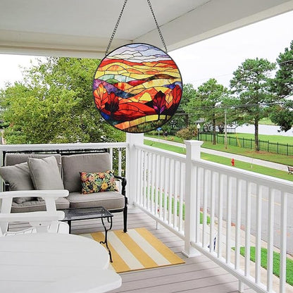 Mountains Rivers Stained Glass Window Hanging, 7.8" Round Sun Catcher Hand Painted Wall Art Decor with Chain, Unique Housewarming Gifts for Couples, Home