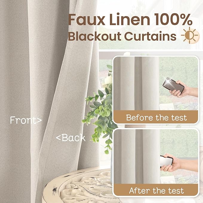 BGment Light Beige Blackout Curtains for Bedroom 63 Inch Long - Linen Textured Thermal Insulated Total Sun Blocking Bronze Grommet Window Drapes for Farmhouse, 2 Panels, 52 x 63 Inch
