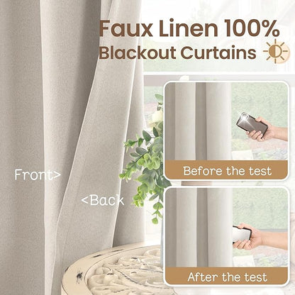 BGment Light Beige Blackout Curtains for Bedroom 63 Inch Long - Linen Textured Thermal Insulated Total Sun Blocking Bronze Grommet Window Drapes for Farmhouse, 2 Panels, 52 x 63 Inch